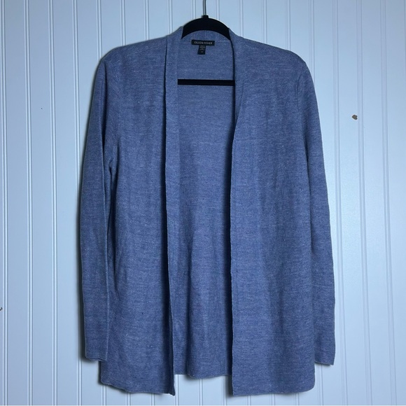 EILEEN FISHER Organic Linen Open Front Cardigan Long Sleeve Melange Blue Small - Picture 7 of 13